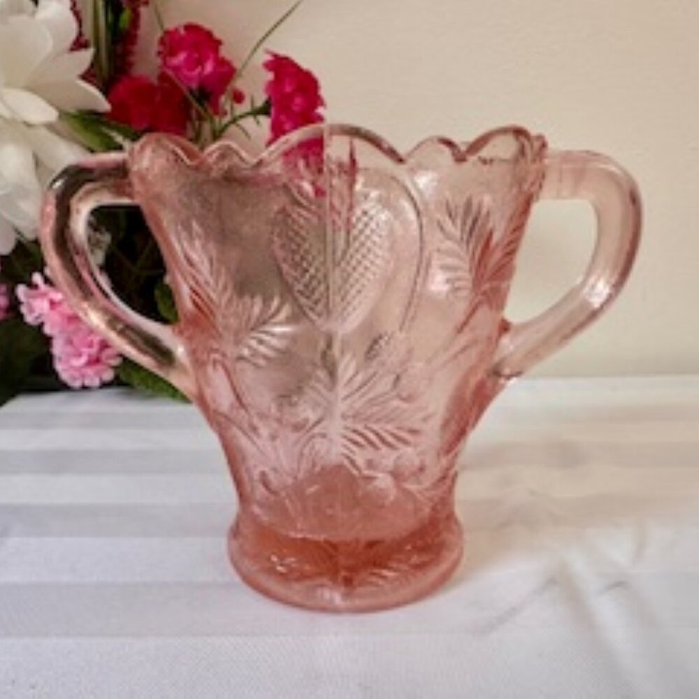 Fenton Pink Art Glass Vase Vintage Dual Handle Strawberry Pattern Scalloped Rimโ